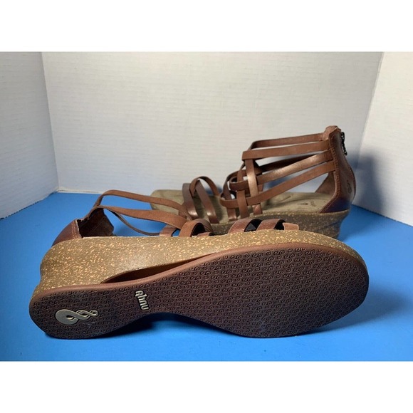 Ahnu Strappy Brown Leather Huarache Wedge Sandals Womens Size 10 Cork - Picture 6 of 11